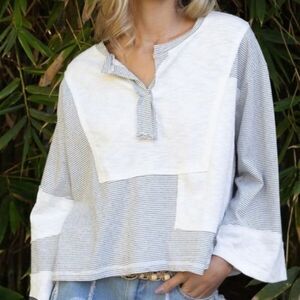 Striped White and Gray Long Sleeve POL Top